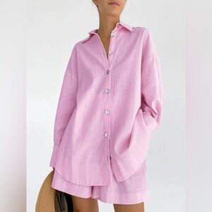 Commense Pink cotton and Linen Button-Up Shirt and Shorts Set Medium